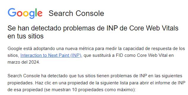 Se han detectado problemas de INP de Core Web Vitals en tus sitios