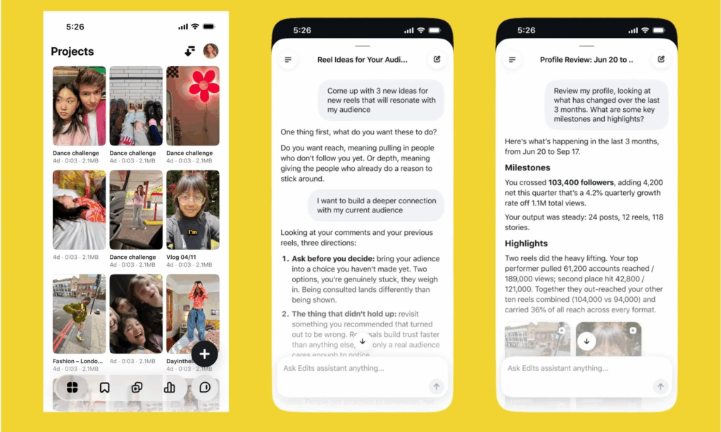 Instagram incorpora un asistente de IA en Edits que analiza los Reels y propone nuevas ideas 2 Instagram incorpora un asistente de IA en Edits que analiza los Reels y propone nuevas ideas 2