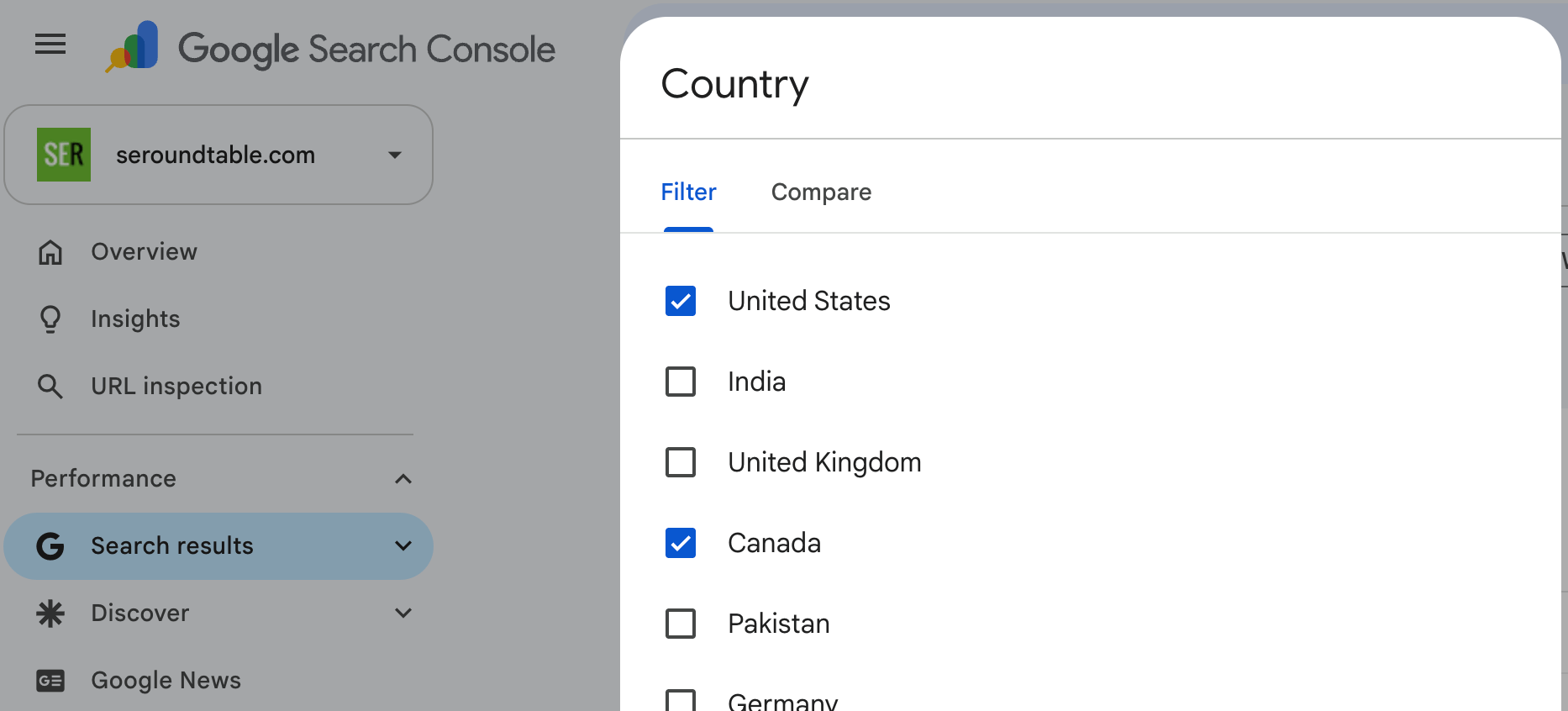 Google Search Console permite filtrar el rendimiento de búsqueda por varios países a la vez 3